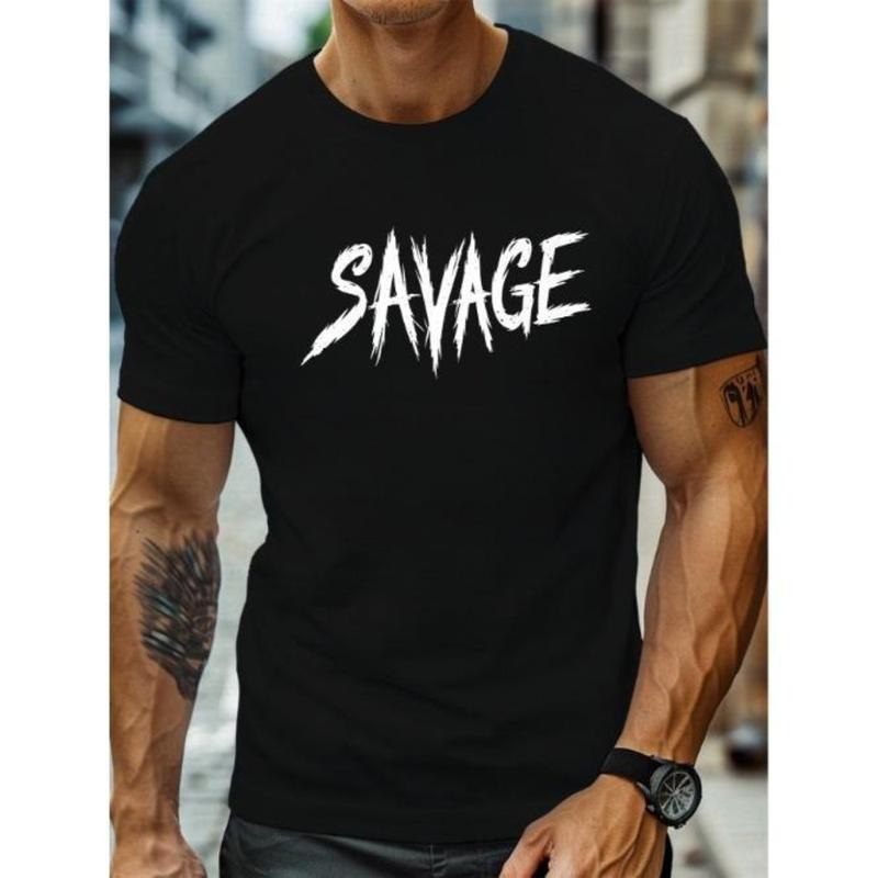Round Neck Short Sleeve Simple SAVAGE Word Print Art Font Basic Top Daily Outdoor Made USA T-Shirts