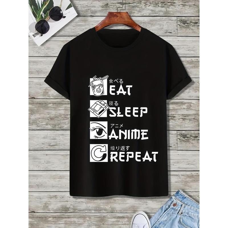 Short Sleeve Round Neck Japanese Print Casual Regular Fit Anime Letter Summer Loungewear Pajama Top Made USA T-Shirts