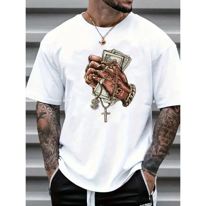 Summer Casual Hand Gesture Cross Print Short Sleeve Made USA T-Shirts