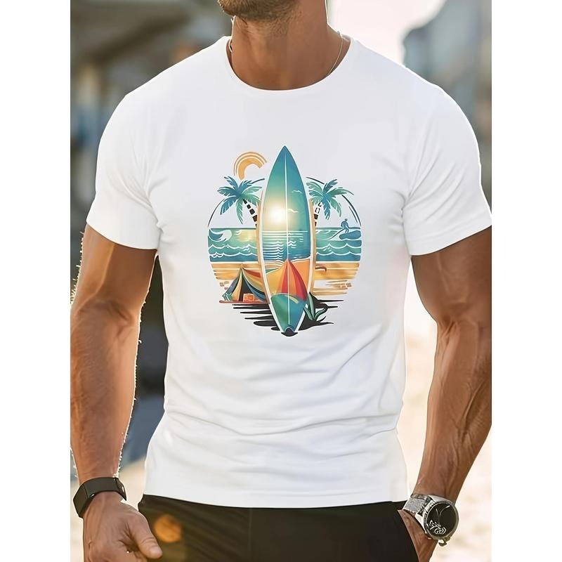 Summer Crew Neck Short Sleeve Polyester Surfboard Print Casual Sports Top Made USA T-Shirts
