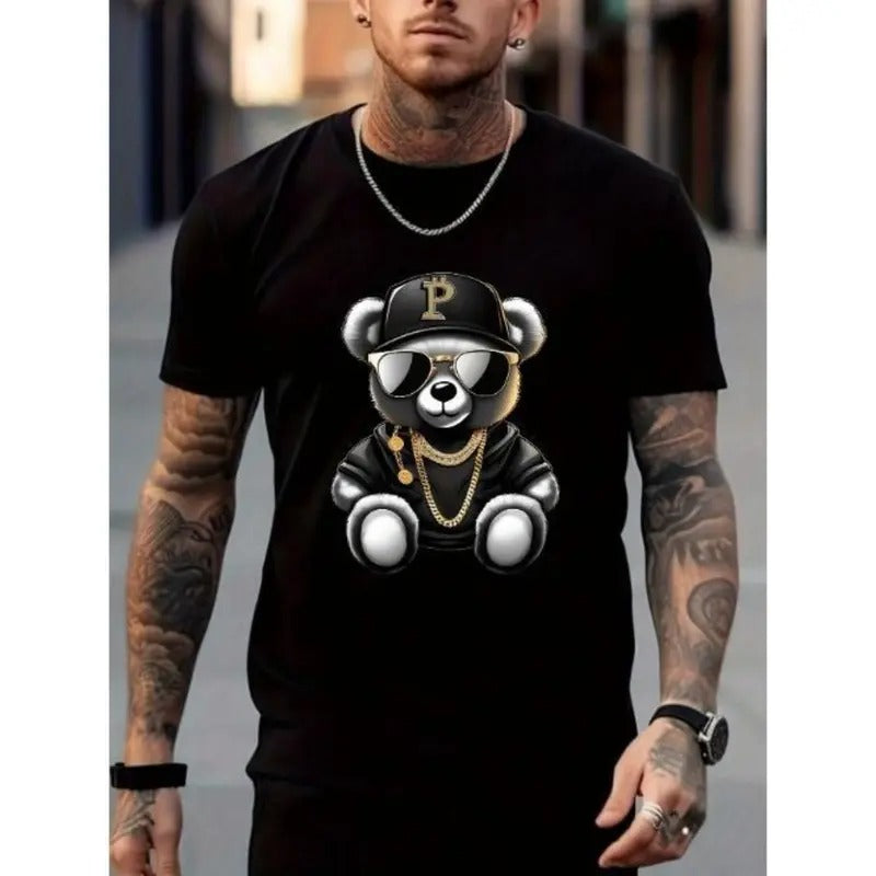 Sunglasses Bear Print Short Sleeve Crew Neck Summer Casual Outdoor Comfy Male Made USA T-Shirts