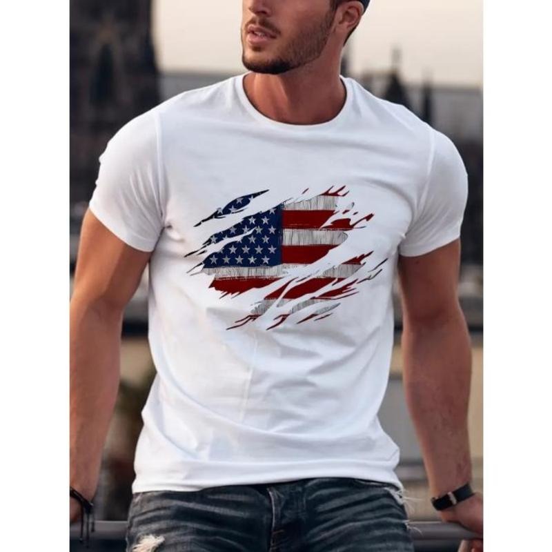 American Flag Printed Casual Crew Neck Soft Slight Stretch Polyester Fabric Relaxed Fit Summer Autumn Essential Easy Made USA T-Shirts