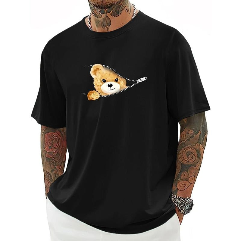 Cartoon Bear Zipper Crew Neck Short Sleeves Athletic Fit Ultra Comfortable Breathable Summer & Spring Zipper Versatile Adorable Option Made USA T-Shirts