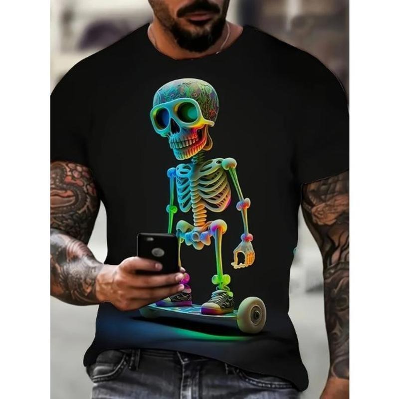Skeleton Print Crew Neck Soft Slight Stretch Polyester Fabric Machine Washable Casual Short Sleeve Outdoor Activities Made USA T-Shirts