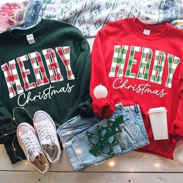 Merry Plaid Family Xmas Shirt Woman Xmas Shirt Cute Winter T-Shirts