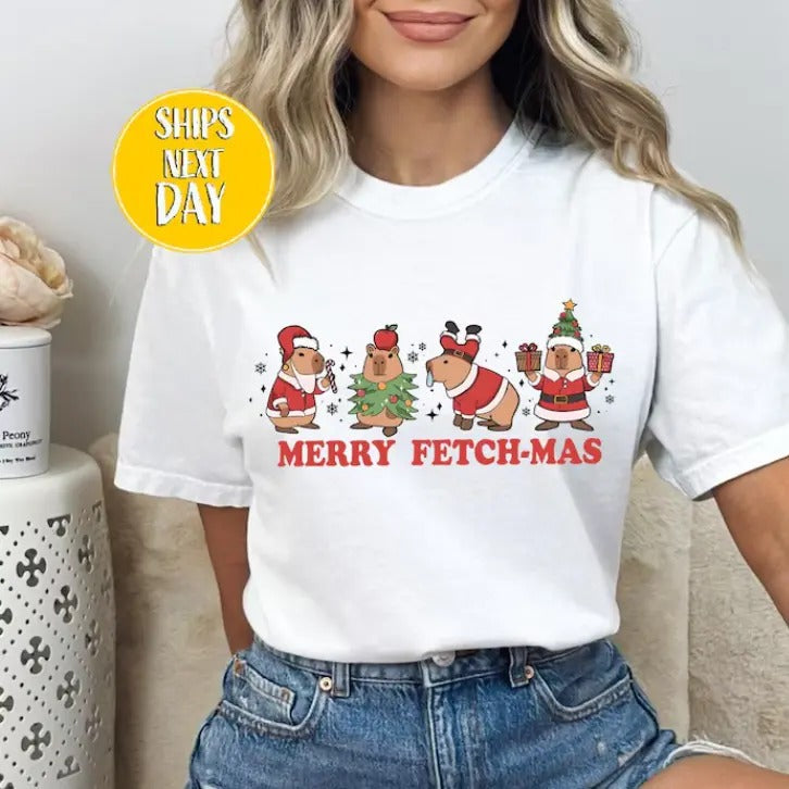 Merry Fetch Mas Capybara Santa Claus Funny Animal T-Shirts