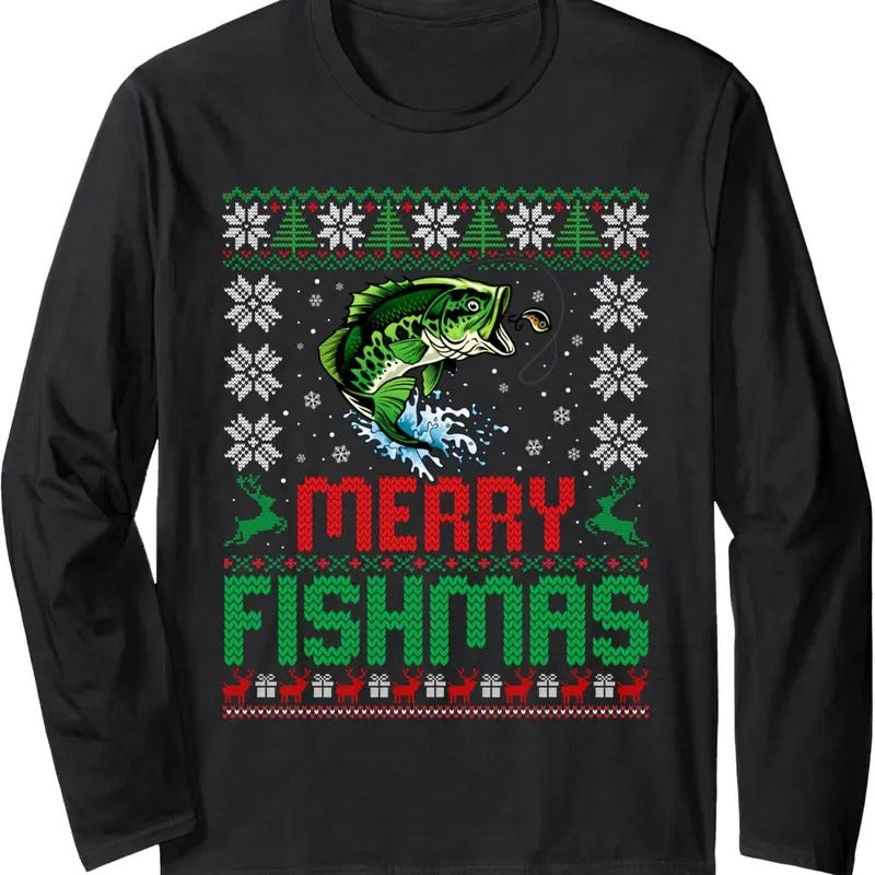 Merry Fishmas Bass Fish Fishing Ugly Xmas Long Sleeve T-Shirts