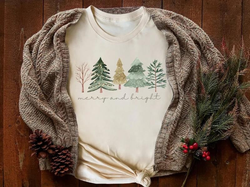 Merry Bright Trees Shirt Womans Shirt Chic Winter Shirt Cute Tree Shirt Cotton Top Love Womenswear T-Shirts