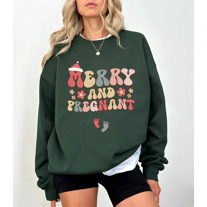 Merry Pregnant Sweatershirt Pregnancy Announcement Funny T-Shirts