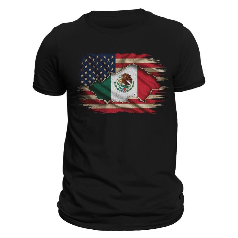 Mexican American Flag Mexican Roots Chicano Pride 100% Ring Spun Combed Cotton Crew Neck Classic Fit Casual Short Sleeve Menswear T-Shirts