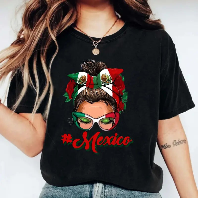 Mexico Messy Bun Shirt Mexican Flag Shirt Woman Cute Latina Mom Proud Mexican . Shirtslatinas T-Shirts