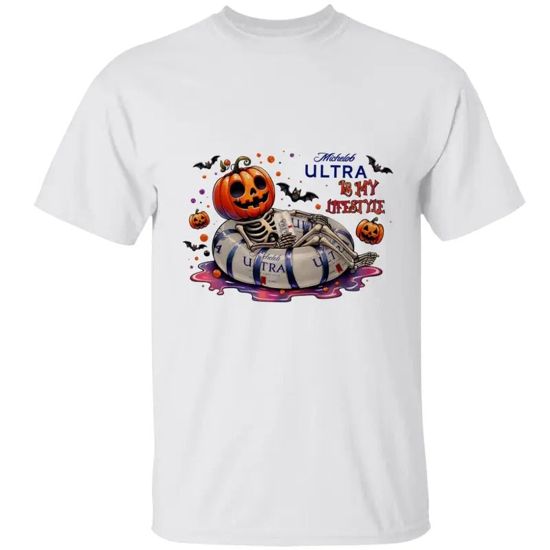 Michellob Ulltra Beer Skeleton Pumpkin Shirt Pumkin Halloween Shirt Classic Cotton Print All Sizes T-Shirts