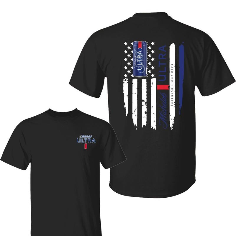 Michellob Ultra Shirt Bold American Flag & Beer Can Beer Enthusiasts Casual Outings Streetwear Menswear T-Shirts