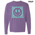 Mint Puff Checkered Happy Face Long Sleeve Comfort Colors T-Shirts