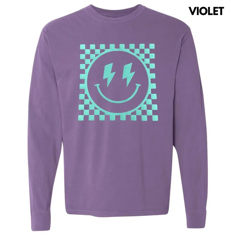 Mint Puff Checkered Happy Face Long Sleeve Comfort Colors T-Shirts