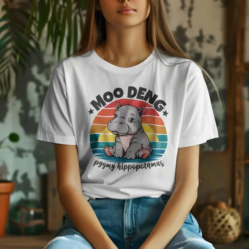 Moo Deng Shirt Cute Baby Hippo Hippo Lover Pygmy Hippopotamus Thailand Zoo Tiny Hippo Retro Sunset T-Shirts