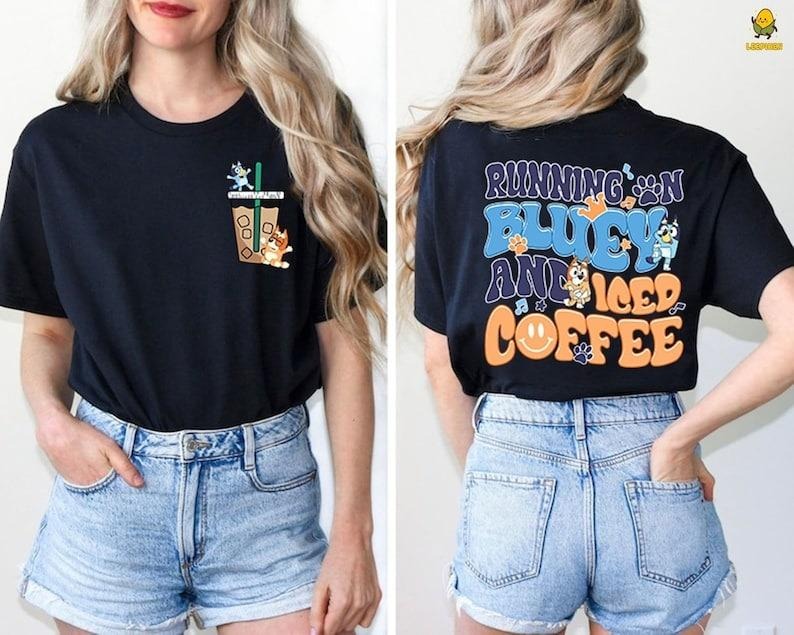 Bluey Shirt Iced Coffee Family Shirt Bingo Bluey Mama Shirt Running Bluey Iced Coffee T-Shirts