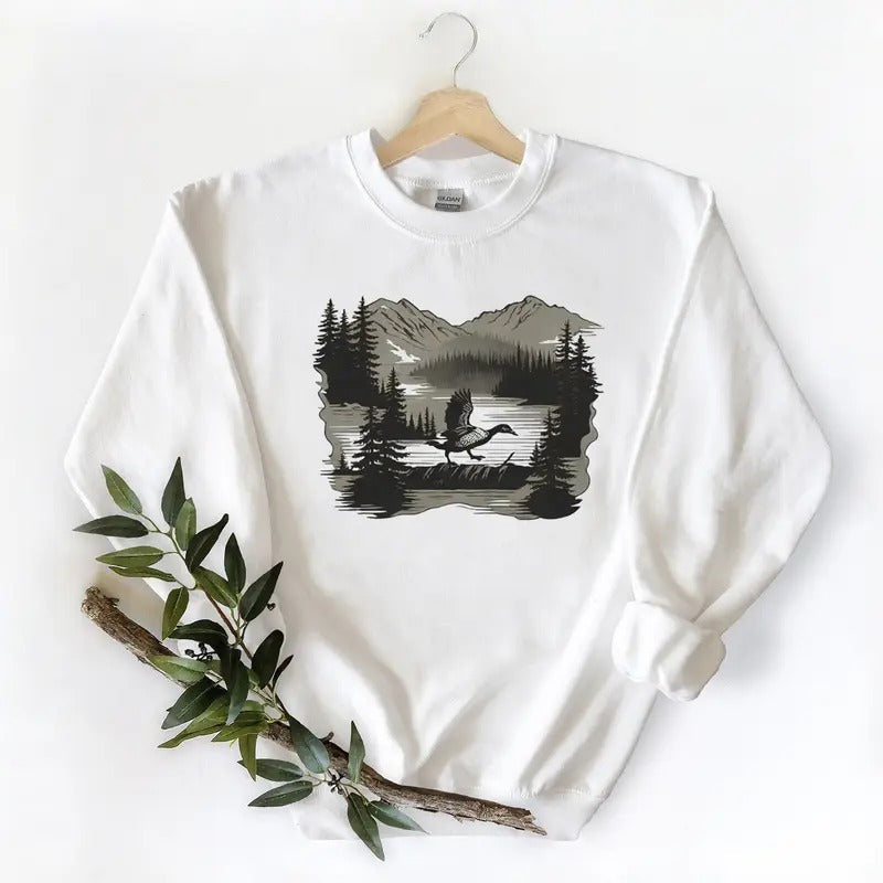 Mountains Lake Evergreens Mallard Duck Duck Hunters Husbands Mallard Duck Lovers T-Shirts