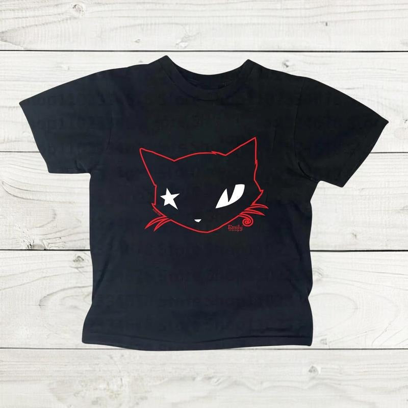 Mystery Black Cat Baby Gothic Emo Girl Scene 2000s Y2k Top Streetwear Casual Cotton Short Sleeve Fitted T-Shirts
