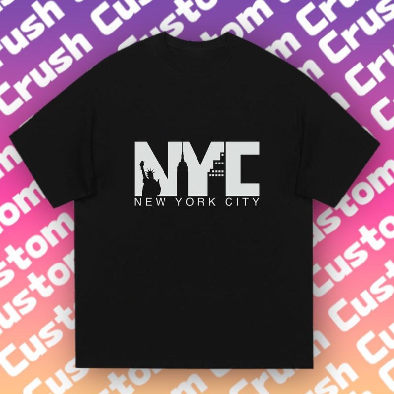 NYC City Emblem White Purple Pink Gradient Statue Liberty Print & Skyline T-Shirts