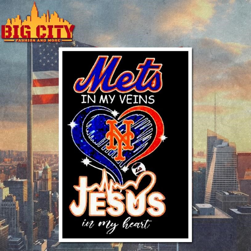 New York Mets In My Veins And Jesus In My Heart Christian Diamond Heart Shirt