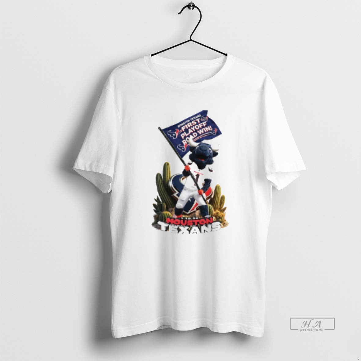 Official Toro Houston Texans First Playoff Road Win Mascot Caricature T-Shirts