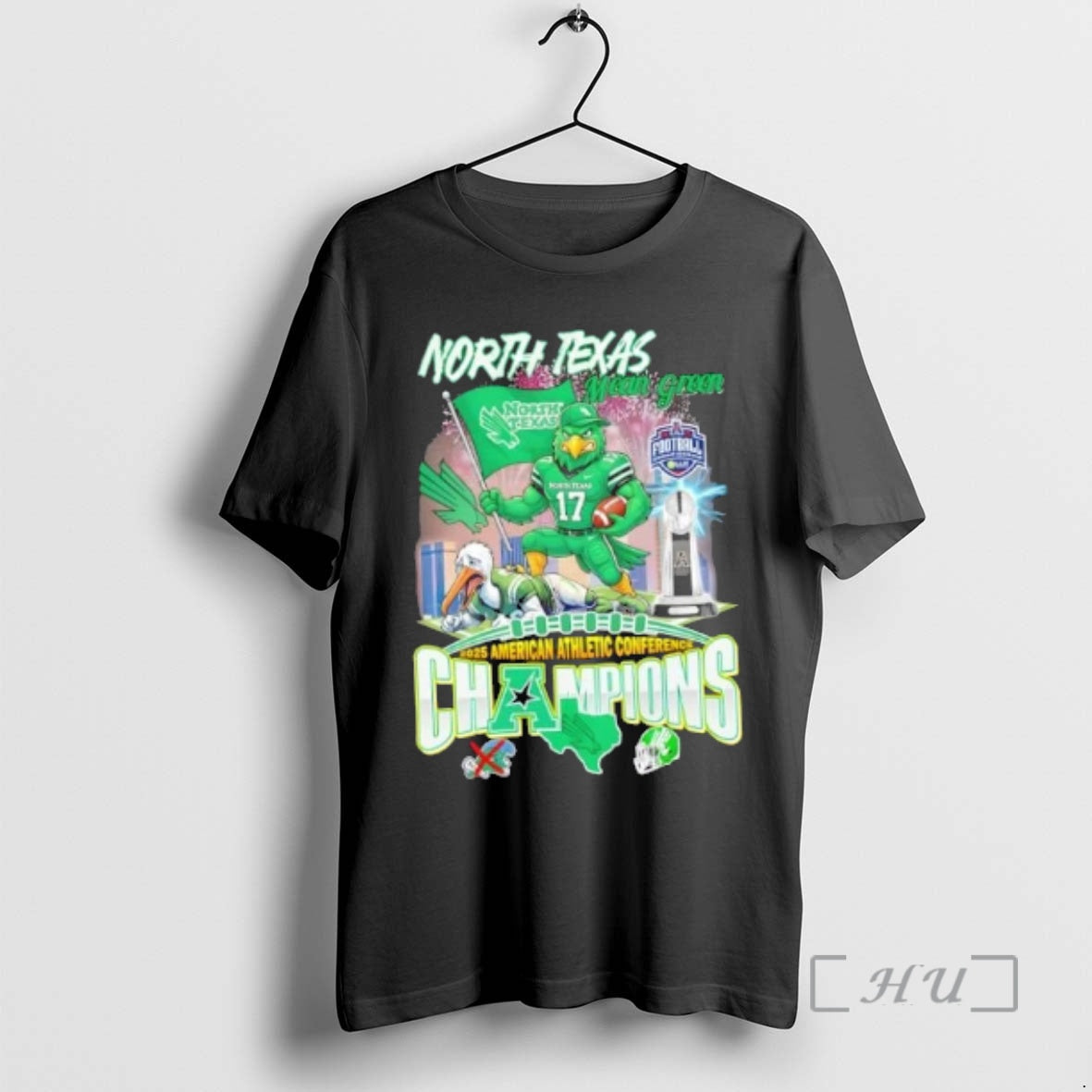 Officials 2025 American Athletic Conference Champions North Texas Mean Green Winner Mascot Skyline T-Shirts