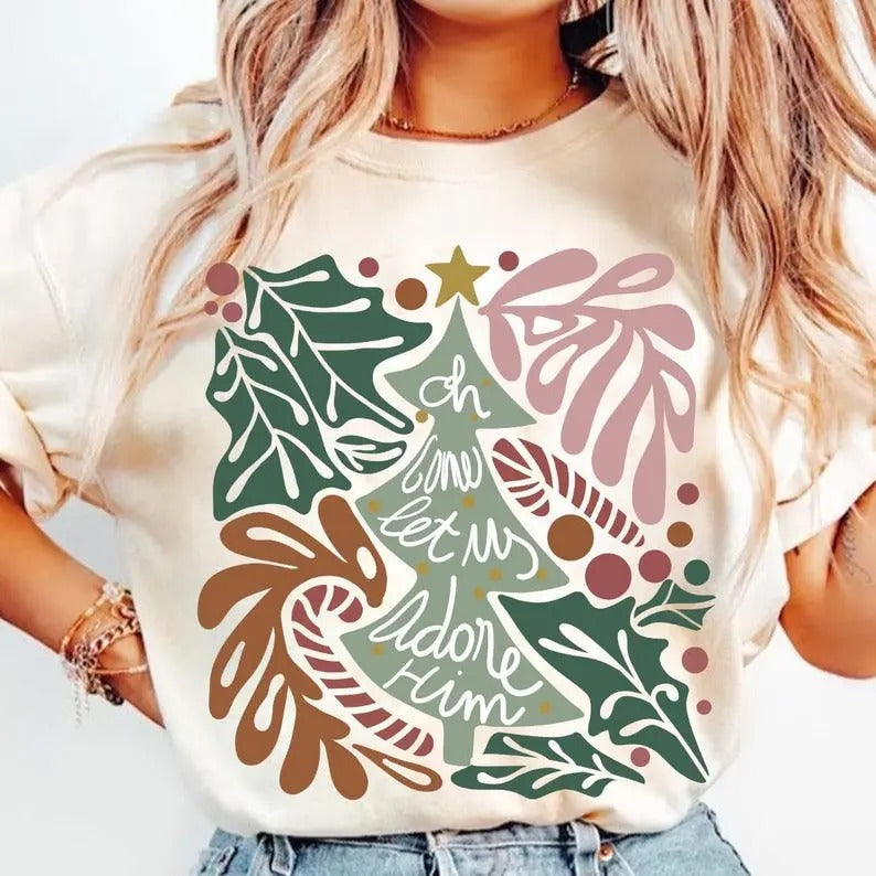 Oh Come Let Us Adore Him Jesus Boho Tree Hand Drawn Christian T-Shirts