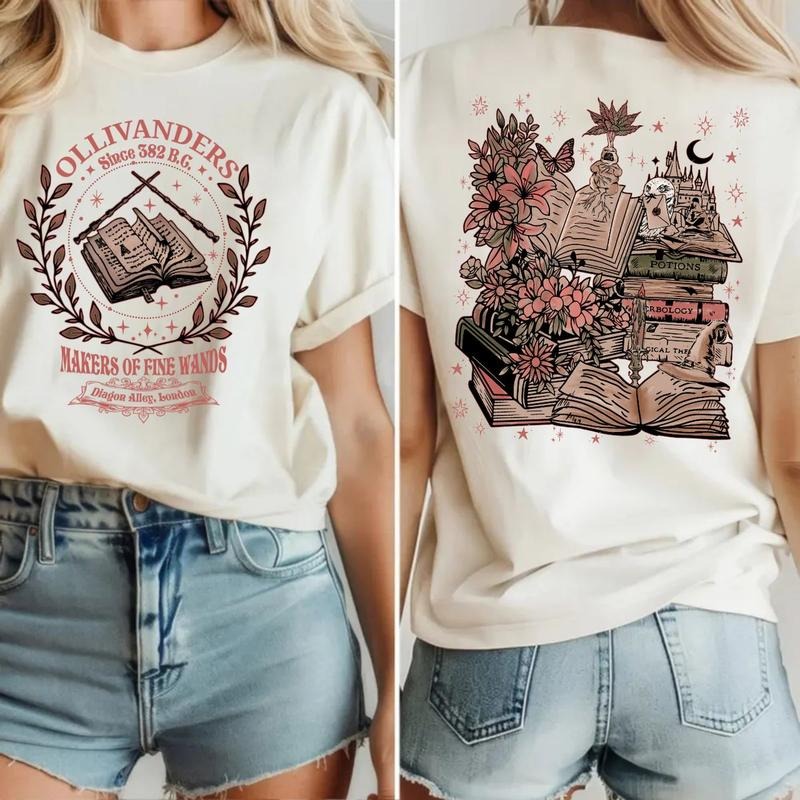 Ollivanders Wand Shop 2 Sides Wizard Book Shop Ollivanders Wand Shop Wizard Hp Makers Fine Wands T-Shirts
