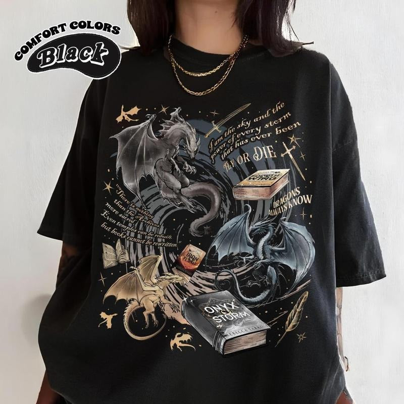 Onyx Storm Fourth Wing Shirt Dragon Rider Bookish Book Lover Fantasy Book Tairn&Andarna T-Shirts