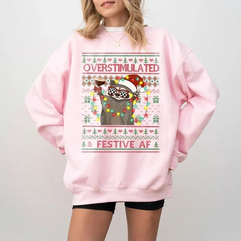Overstimulated & Festive Af Raccoon Ugly Party Funny Weirdcore Meme T-Shirts