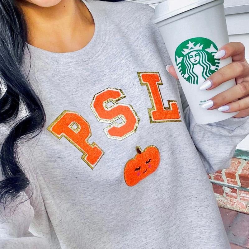 'PSL' Letter Patch Pumpkin Spice Latte Chenille Letter Patches T-Shirts