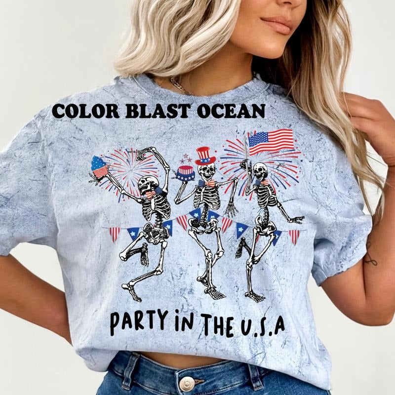 Party USA Skeletons Comfort Colors ~ Relaxed Fit Printed USA Womenswear Casual Comfort Cotton Top Athletic Boho Chic T-Shirts