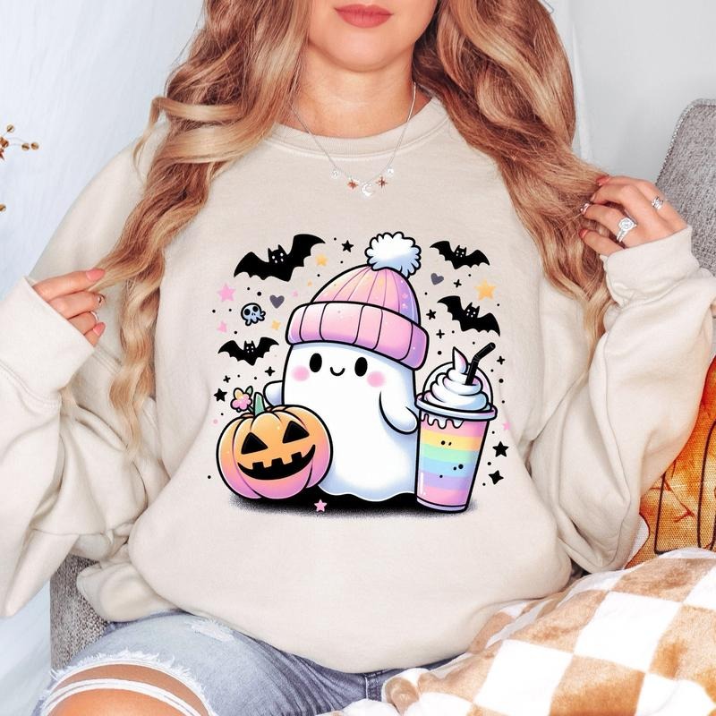 Pastel Ghost Cute Halloween Spooky Season Cute Fall Autumn Pink Coffee Bats Child Girl T-Shirts