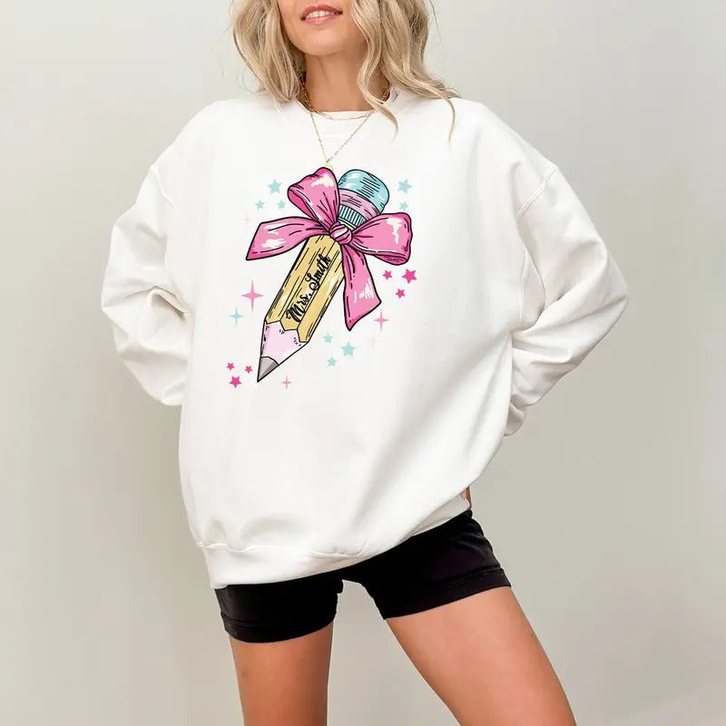 Pencil Bow Custom Teacher Shirt Back School Shirt Teacher Coquette Bow Teacher Appreciation GANHX T-Shirts