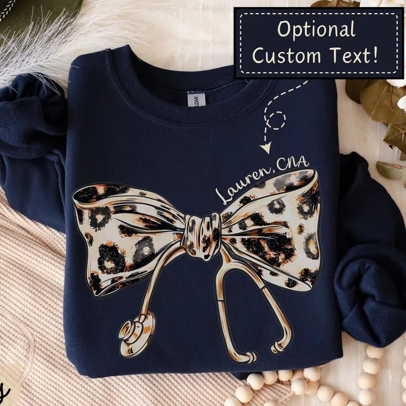 Personalizable Coquette Nurse Shirt Custom Name Leopard Print Stethoscope Bow Nurse Nurse Graduation Healthcare T0XGR T-Shirts