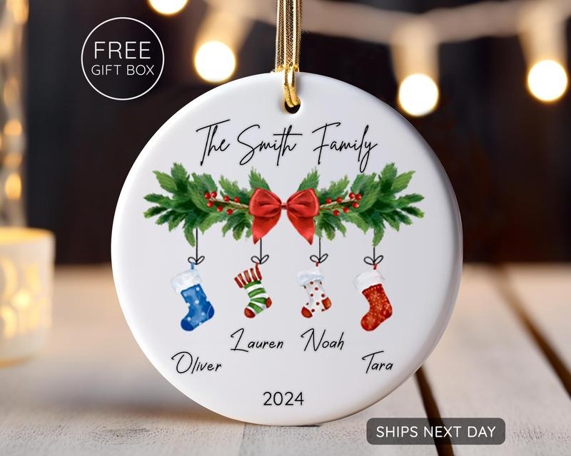 Personalized Family 4 Ornament Custom Family Stocking Ornament Names Year New Family 2024 Ceramic Keepsake T-Shirts
