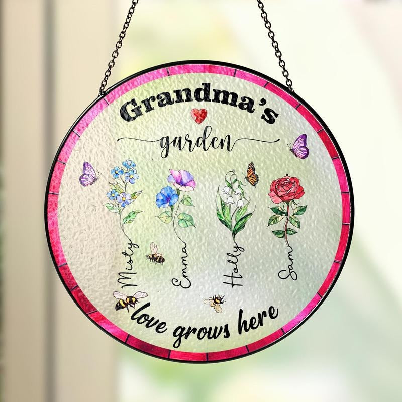 Personalized Grandma'S Garden Stained Glass Suncatcher Grandma Nana Birth Month Flower Stain Glass Mom T-Shirts
