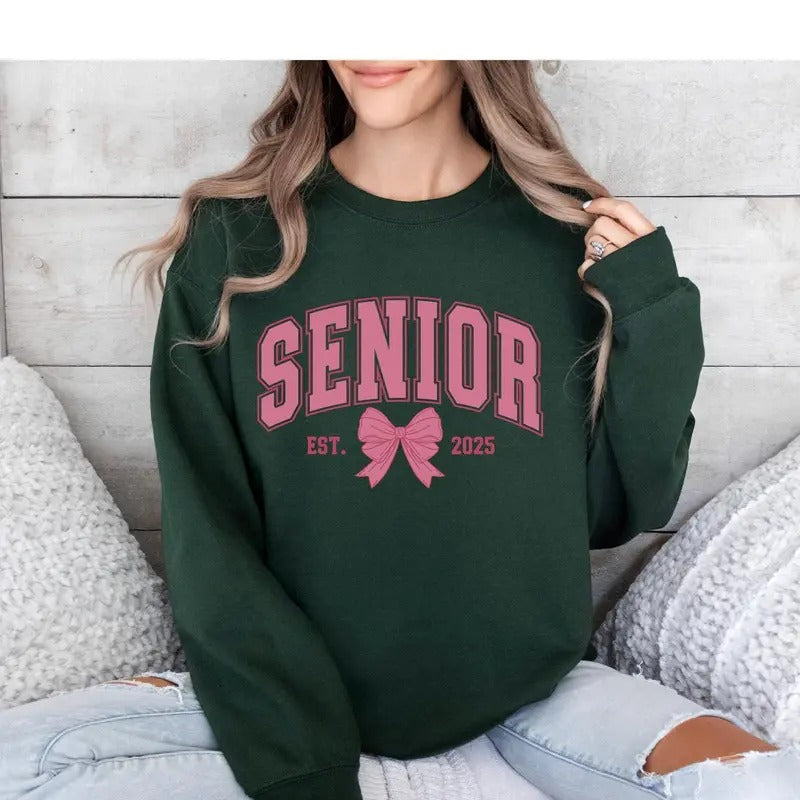 Pink Bow Senior 2025 Bow Back School Graduate 2025 Shirt Casual Collar Cotton Fabric Knit Womenswear Bottom Everyday Fit T-Shirts