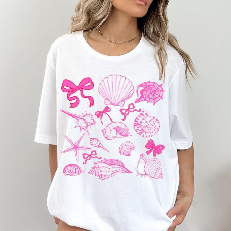 Pink Coquette Seashell Beach Coastal Retro Summer Shirt Summer Trip Her T-Shirts
