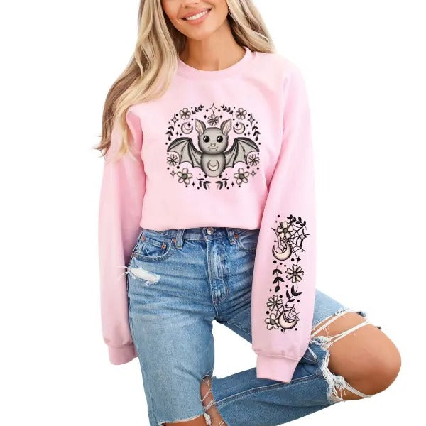 Pink Cute Bat Halloween Full Sleeve Detailed Graphics Retro & Adorable Comfy & Halloween Multiple & Sizes Up 4X Cozy Fall Nights Cute & Spooky Bat Full Sleeve Retro Art T-Shirts