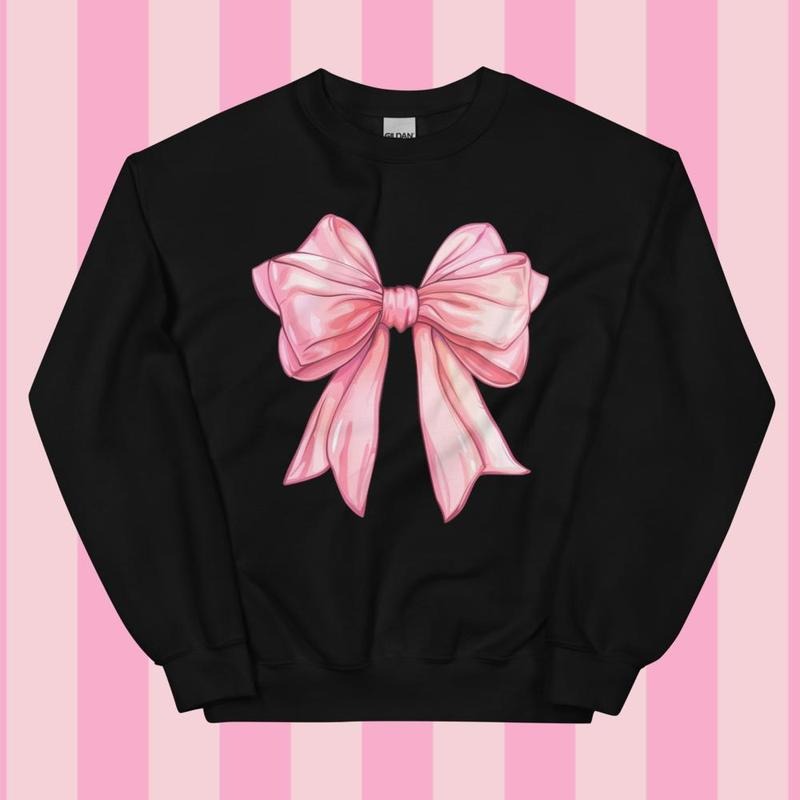 Pink Girly Coquette Bow Relaxed Fit Printed USA Womenswear Casual Comfort Cotton Top Athletic Boho Chic T-Shirts