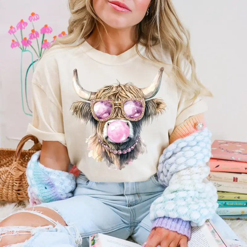 Pink Highland Cow Blowing Bubble DTF Transfers THIS IS NOT SHIRT T-Shirts