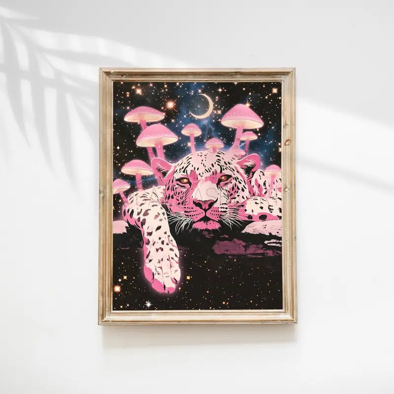 Pink Leopard ( Psychedelic Poster Glowing Pink Mushrooms Trippy Wall Art Retro Art Animal Art ) T-Shirts