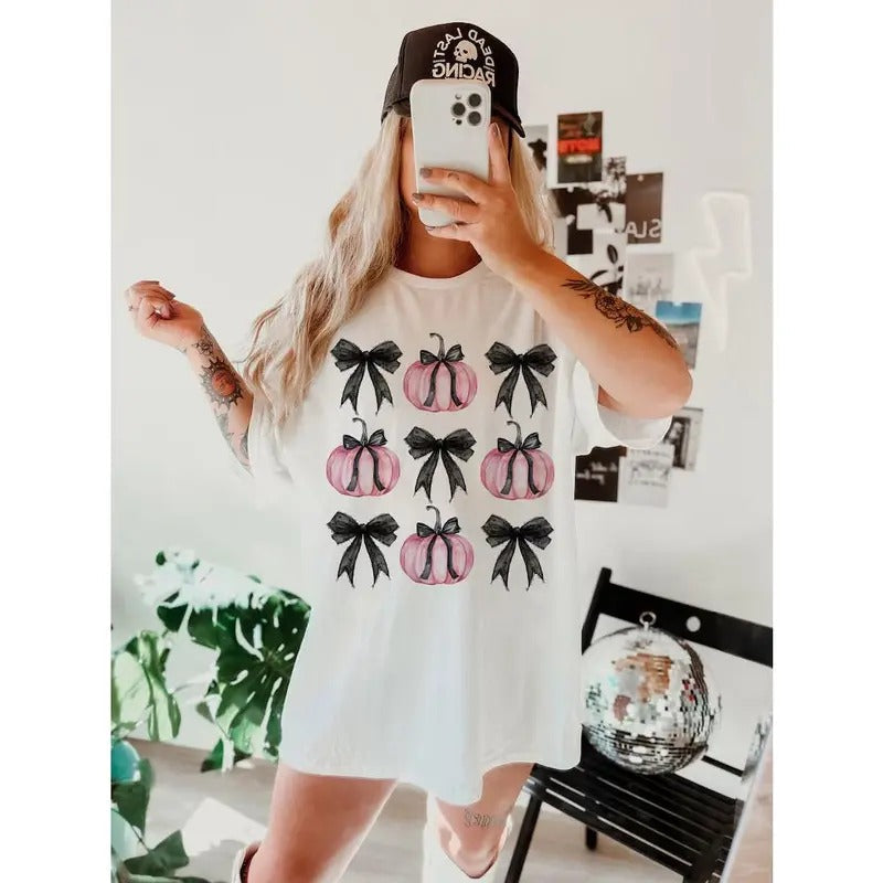 Pink Pumpkin Bow Top T-Shirts