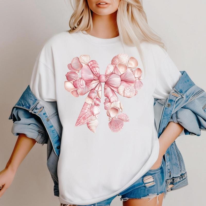 Pink Seashell Coquette Bow Beach Summer Bow Shirt Coastal Girly Ocean Casual Top Her T-Shirts
