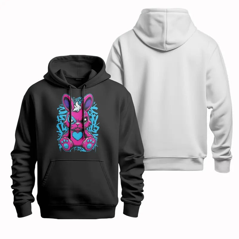 Pink Rabbit Cool Hooded Blue Heart Graffiti Embellishment Street Comfortable Fabrics Choice Cool T-Shirts