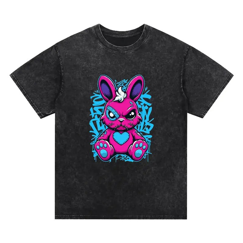 Pink Rabbit Cool Washed Blue Heart Graffiti Embellishment Street Comfortable Fabrics Choice Cool T-Shirts