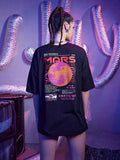 Planet & Letter Print Short Sleeve Drop Shoulder Black Summer Causal Loose Tops Teen Spring & Summer Daily T-Shirts