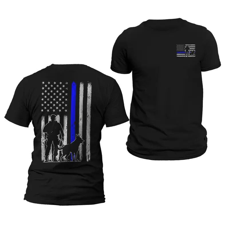 Police K 9 Unit Thin Blue Flag Front & Back Print Vertical Brushed Casual Classic Menswear T-Shirts